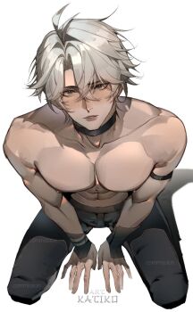 1boy abs armband black_gloves black_pants blue_eyes boots collarbone commentary commission crossed_bangs english_commentary fingerless_gloves gloves hair_between_eyes highres honkai:_star_rail honkai_(series) kat1ko0 looking_at_viewer male_focus nipples pants parted_bangs parted_hair parted_lips pectorals phainon_(honkai:_star_rail) simple_background solo topless_male white_background white_hair