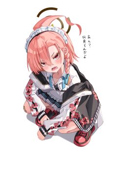 1girl absurdres ahoge annoyed bandaid bandaid_on_knee bandaid_on_leg blue_archive blush braid brown_halo center_frills cherry_blossom_print collared_shirt commentary eyelashes eyes_visible_through_hair fang floral_print frilled_shirt frills from_above frown full_body hair_between_eyes halo highres huge_ahoge id_card jacket looking_at_viewer mahoro_(minase_mahoro) maid maid_headdress mole mole_under_each_eye mole_under_eye multiple_moles neru_(blue_archive) open_clothes open_jacket open_mouth print_jacket red_eyes red_shoes shirt shoes simple_background single_braid sleeves_past_wrists sneakers solo squatting sukajan translated tsurime upturned_eyes v-shaped_eyebrows white_background white_jacket white_shirt