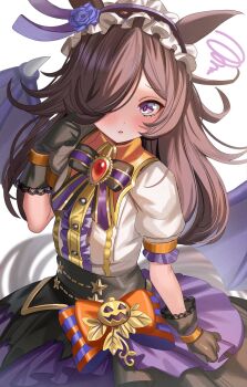 1girl ame_sagari animal_ears bat_wings black_gloves blue_flower blue_rose blush bow breasts brown_hair flipped_hair flower frilled_hairband frills gloves hair_over_one_eye hairband halloween halloween_costume highres horse_ears horse_girl horse_tail lace lace-trimmed_gloves lace_trim long_hair looking_at_viewer official_alternate_costume parted_lips puffy_short_sleeves puffy_sleeves purple_eyes purple_skirt purple_wings rice_shower_(umamusume) rice_shower_(vampire_makeover!)_(umamusume) rose shirt short_sleeves skirt small_breasts solo squiggle tail umamusume white_shirt wings