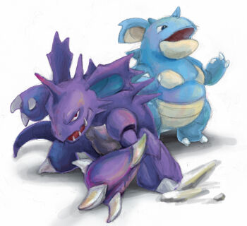 fangs gen_1_pokemon highres horns nidoking nidoqueen nintendo no_humans pokemon pokemon_(creature) polyacryla single_horn