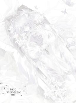 1girl 2020 absurdres bone bouquet closed_eyes closed_mouth coffin colored_eyelashes commentary dress flower full_body grey_butterfly highres holding holding_bouquet lily_(flower) lips long_dress long_hair long_sleeves lying medium_hair on_back original puffy_long_sleeves puffy_sleeves sample_watermark skull solo symbol-only_commentary watermark white_background white_dress white_flower white_hair white_theme wo_kaiqi_chelai