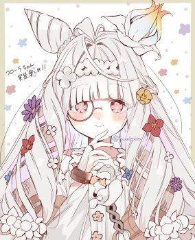 Rule 34 | 1girl, blush, commentary request, cone hair bun, fate/grand order, fate (series), flora (fate), flower, flower-shaped pupils, hair bun, hair flower, hair ornament, highres, long hair, smile, solo, symbol-shaped pupils, twitter username, upper body, white hair, yaruco (freedumco)