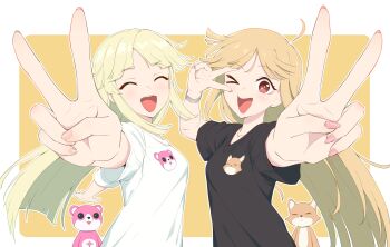 Rule 34 | > o, 4girls, absurdres, ahoge, anglediana, bang dream!, bang dream! girls band party!, black shirt, blonde hair, border, breasts, chinese commentary, cho kaguya-hime!, closed eyes, commentary request, crossover, highres, kaguya (cho kaguya-hime!), long hair, michelle (bang dream!), multiple girls, one eye closed, open mouth, outside border, sakayori iroha, shirt, short sleeves, small breasts, tsurumaki kokoro, v, white border, white shirt