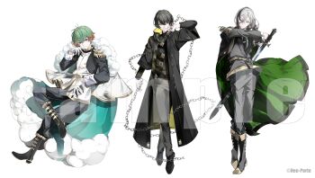 Rule 34 | absurdres, alternate costume, aqua cape, aruse inu, belt, black boots, black cape, black coat, black gloves, black hair, black jacket, black necktie, black pants, black ribbon, black shirt, black shoes, boots, buttons, cape, capelet, chain, coat, copyright notice, crossed legs, double-breasted, epaulettes, fold-over boots, full body, fur-trimmed cape, fur trim, gloves, gold trim, gradient hair, green cape, green hair, grey hair, grey jacket, grey pants, hair between eyes, hair over shoulder, hair ribbon, half gloves, hand up, highres, hiura kuro, holding, holding chain, holding sword, holding weapon, invisible chair, jacket, layered clothes, lineup, long hair, long hair between eyes, long sleeves, looking at viewer, low side ponytail, male focus, mole, mole under mouth, multicolored hair, multicolored jacket, necktie, neo-porte, official art, open clothes, open coat, pants, pants tucked in, red eyes, red hair, ribbon, sample watermark, sheath, shirt, shoes, short hair, simple background, sitting, sleeve cuffs, smile, standing, streaked hair, sword, tie clip, turtleneck, turtleneck shirt, two-sided cape, two-sided fabric, two-tone hair, two-tone jacket, unsheathing, virtual youtuber, watermark, watson cross, weapon, white background, white capelet, white gloves, white jacket, white shirt, yagami tsukumo, yellow belt, yellow eyes, yonemuro
