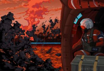 1other absurdres aircraft battle black_smoke burning crate destruction english_text explosion fire flight_suit flying helicopter helicopter_interior helmet high-visibility_clothing highres jumpsuit lava mikecraftz military military_vehicle orange_jumpsuit pacific_federation_flag pilot_helmet pixel_art project_wingman red_sky scenery screen sky smoke smoke_trail vehicle_interior war