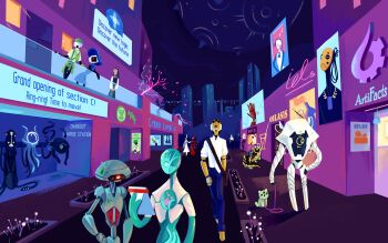 3others absurdres ad alien android apron bag black_pants blue_dress blue_hat blue_pants cbhamsky city cityscape commentary dress drinking drinking_straw green_apron green_hat green_shirt hat headphones highres leash machine mechanical_arms mechanical_legs moss multiple_others musical_note one-eyed pants percentage pet planet powering_up recharging robot satchel shirt stellaris_(game) watch white_shirt wristwatch