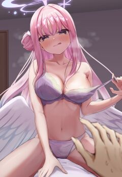 1boy 1girl :q angel_wings areola_slip bare_shoulders blue_archive blush bow bow_bra bra breasts collarbone commentary girl_on_top groin_tendon hair_between_eyes hair_bun hair_tie halo hand_up heavy_breathing highres indoors lace lace-trimmed_bra lace_bra lace_trim large_breasts light_blush long_hair long_sidelocks looking_at_viewer mika_(blue_archive) narrow_waist navel panda_90321 panties pink_hair pink_halo pov pov_hands purple_bra purple_panties rape_face removing_bra ribs sidelocks star_halo steam stomach thighs tongue tongue_out underwear underwear_only wings yellow_eyes