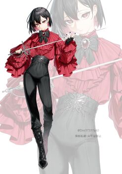 1girl absurdres black_boots black_bow black_bowtie black_gloves black_hair black_nails black_pants bob_cut boots bow bowtie butterfly_ornament colored_inner_hair earrings emo37337640 fingerless_gloves flat_chest frilled_shirt frilled_shirt_collar frills full_body gem gloves hair_between_eyes hashtag-only_commentary highres holding holding_sword holding_weapon jewelry knee_boots layered_shirt layered_sleeves looking_at_viewer multicolored_hair original ouji_fashion pants pink_hair puffy_sleeves rapier red_eyes red_gemstone red_shirt shirt short_hair smile solo standing sword twitter_username walking weapon