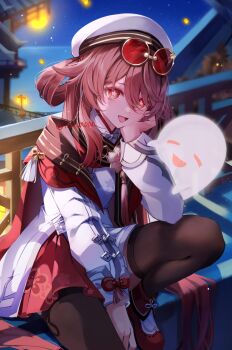 1girl absurdres black_thighhighs boo_tao_(genshin_impact) brown_hair eyewear_on_head flower-shaped_pupils genshin_impact ghost hair_between_eyes hat highres hu_tao_(cherries_snow-laden)_(genshin_impact) hu_tao_(genshin_impact) long_hair long_sleeves looking_at_viewer official_alternate_costume open_mouth outdoors red_eyes round_eyewear ryuna_(inc_moon) shoes sitting smile solo symbol-shaped_pupils thighhighs twitter_username very_long_hair white_hat