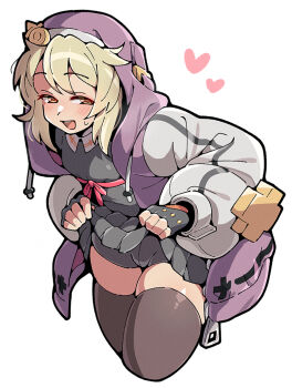 Rule 34 | 1boy, alternate color, androgyne symbol, bike shorts, black gloves, black skirt, black thighhighs, blonde hair, bridget (guilty gear), clothes lift, commentary request, cropped legs, double-parted bangs, fingerless gloves, gloves, guilty gear, guilty gear strive, heart, hood, hood up, hooded jacket, itsuka neru, jacket, lifting own clothes, long sleeves, looking at viewer, male focus, miniskirt, open clothes, open jacket, open mouth, purple jacket, red eyes, short hair, simple background, skirt, skirt lift, smile, solo, thighhighs, thighs, trap, white background