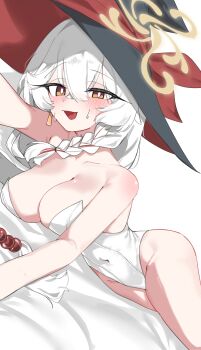 Rule 34 | 1girl, absurdres, alternate costume, bare shoulders, black hat, blue archive, blush, braid, breasts, brown eyes, cleavage, collarbone, commentary, covered navel, dutch angle, eri (blue archive), from side, hair between eyes, halo, hat, highleg, highleg leotard, highres, large breasts, leotard, long hair, looking at viewer, lying, multicolored hair, open mouth, red streaks, redfox han, side halo, simple background, single braid, solo, strapless, strapless leotard, streaked hair, sweat, tilted halo, two-sided fabric, two-sided headwear, white background, white hair, white leotard, witch hat, yellow halo