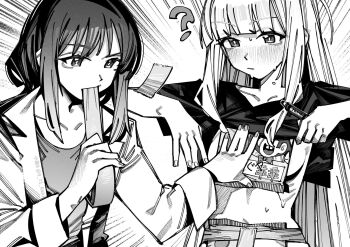 Rule 34 | 2girls, ?, blush, breasts, chinese commentary, cho kaguya-hime!, clothes lift, collarbone, commentary request, greyscale, highres, kaguya (cho kaguya-hime!), lab coat, lifting own clothes, long sleeves, looking at another, monochrome, mouth hold, multiple girls, sakayori iroha, shirt lift, short sleeves, sideboob, small breasts, sweat, tape, translation request, upper body, xiaoju xiaojie