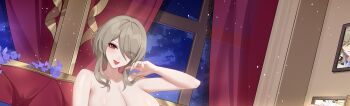 1girl alternate_breast_size_(larger) breasts brown_hair chinese_commentary collarbone commentary_request cropped eyes_visible_through_hair hair_over_one_eye hand_up highres honkai_(series) honkai_impact_3rd huge_breasts indoors looking_at_viewer medium_hair night nude paid_reward_available pink_eyes rita_rossweisse smile solo tongue tongue_out window wu_ganlan_cai