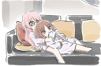 2girls bang_dream! bang_dream!_it&#039;s_mygo!!!!! bite_mark_on_leg brown_hair chihaya_anon commentary couch couple dress glasses grey_eyes highres hug jacket long_hair long_sleeves lying lyy multiple_girls nagasaki_soyo on_back on_couch pillow pink_hair symbol-only_commentary white_dress white_jacket yuri