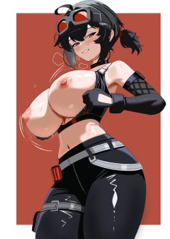 1girl absurdres ahoge bare_shoulders ben_trueday black_choker black_gloves black_hair black_pants black_sports_bra border breasts breasts_out choker clothing_cutout commentary cowboy_shot glove_cutout gloves goggles goggles_on_head grace_howard hair_between_eyes highres large_breasts looking_at_viewer midriff motion_lines navel nipples orange_background pants ponytail red_eyes simple_background solo sports_bra sweat unzipped white_border zenless_zone_zero