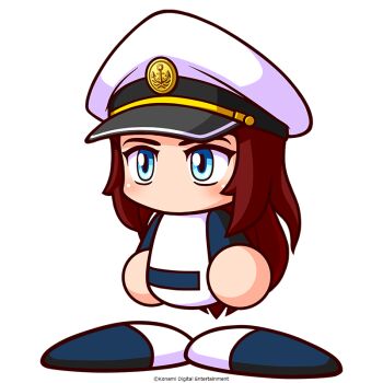 Rule 34 | 1girl, artist request, baseball uniform, belt, blue belt, blue eyes, blue shirt, blue shoes, brown eyes, commentary request, copyright notice, hat, jikkyou powerful pro yakyuu, jikkyou powerful pro yakyuu (style), long hair, multicolored shirt, multicolored shoes, no mouth, official art, peaked cap, power pro appli, rayman limbs, shirt, shoes, solo, sportswear, tatehashi minato, two-tone shirt, two-tone shoes, white background, white hat, white shirt, white shoes