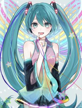 Rule 34 | 1girl, aqua eyes, aqua hair, aqua nails, aqua necktie, arm tattoo, armpit peek, asymmetrical sidelocks, bare shoulders, belt, black skirt, black sleeves, blue hair, blue shirt, collared shirt, colorful, colorful background, detached sleeves, finger ribbon, finger to mouth, frilled shirt, frills, green hair, grey background, hair between eyes, hair ornament, hairclip, hatsune miku, highres, long hair, looking at viewer, miniskirt, multicolored hair, necktie, nekokan (awao o), number tattoo, open mouth, orange hair, pink hair, pink shirt, pleated skirt, rainbow background, rainbow ribbon, ribbon, shirt, shoulder tattoo, sidelocks, skirt, sleeveless, sleeveless shirt, smile, solo, star (symbol), streaked hair, striped clothes, striped skirt, striped sleeves, tattoo, thigh peek, twintails, very long hair, vocaloid, wide sleeves