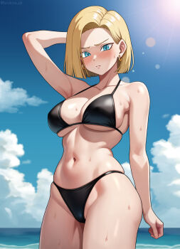 1girl android android_18 arm_behind_head bikini black_bikini blonde_hair blue_eyes blue_sky blunt_ends blush breasts cleavage closed_mouth cloud commentary_request cowboy_shot curvy dragon_ball dragonball_z earrings gold_earrings highleg highleg_bikini highres hoop_earrings jewelry large_breasts lens_flare looking_at_viewer looking_down navel ocean outdoors paid_reward_available shiny_skin short_hair side_part sideboob sky solo sweat swimsuit thong thong_bikini underboob wide_hips yoichiro_ch