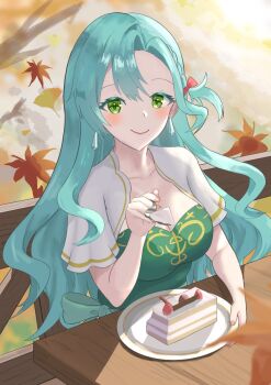 1girl alternate_costume aqua_hair blush bow braid breasts cake chair chloe_(fire_emblem) cleavage closed_mouth collarbone dress earrings fire_emblem fire_emblem_engage food fork green_dress green_eyes highres holding holding_fork jewelry large_breasts leaf long_hair looking_at_viewer nintendo plate red_bow side_braid sitting smile solo table tarutaru193 teardrop_earrings very_long_hair
