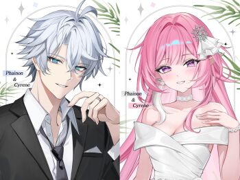 1boy 1girl absurdres alternate_costume bare_shoulders black_jacket black_necktie blue_eyes blush breasts character_name cleavage collarbone collared_shirt commentary cyrene_(demiurge)_(honkai:_star_rail) cyrene_(honkai:_star_rail) dress fingernails grey_hair hair_between_eyes hair_intakes hair_ornament hand_up hasom highres honkai:_star_rail honkai_(series) jacket jewelry long_hair looking_at_viewer medium_breasts nail_polish necktie off-shoulder_dress off_shoulder parted_lips phainon_(honkai:_star_rail) pink_hair pointy_ears purple_eyes ring shirt short_hair sidelocks smile upper_body white_dress white_nails white_shirt