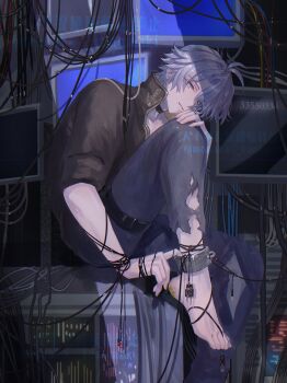 Rule 34 | 1boy, antenna hair, barefoot, blue eyes, bright pupils, cable, choker, commentary request, computer, cuffs, electric plug, glitch, highres, honkai: star rail, honkai (series), knee up, monitor, pants, parted bangs, phainon (honkai: star rail), screen, shackles, shadow, shirt, short hair, sitting, tanemaki monaka, thigh strap, torn clothes, torn pants, watermark, white hair, wire