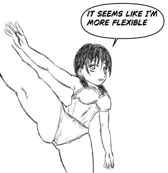 1girl absurdres artist_request breasts chainsaw_man english_text flexible greyscale highres mitaka_asa monochrome non-web_source simple_background solo source_request speech_bubble tagme underwear underwear_only white_background