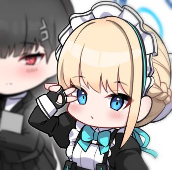 2girls aqua_bow aqua_bowtie black_gloves black_hair blonde_hair blue_archive blue_eyes blurry blush bow bowtie braid chibi closed_mouth commentary fingerless_gloves gloves hair_ornament hairclip halo kumarang long_hair looking_at_viewer maid_headdress multiple_girls red_eyes rio_(blue_archive) selfie short_hair toki_(blue_archive) v