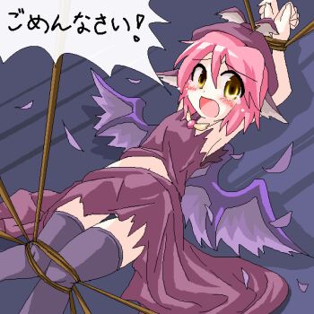 1girl animal_ears apologizing armpits bdsm blush bondage bound des_(namaasi) female_focus hat mystia_lorelei pink_hair rope short_hair solo tears thighhighs torn_clothes touhou translated wings yellow_eyes