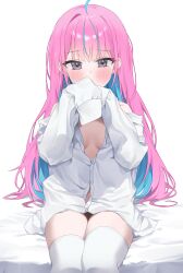 Rule 34 | 1girl, absurdres, ahoge, bed sheet, blue hair, blush, breasts, colored inner hair, commentary request, covering own mouth, hair down, highres, hololive, light blue hair, long hair, long sleeves, looking at viewer, minato aqua, multicolored hair, nel dcm, pink eyes, pink hair, shirt, sitting, sleeves past fingers, sleeves past wrists, solo, streaked hair, thighhighs, two-tone hair, virtual youtuber, white background, white shirt, white thighhighs