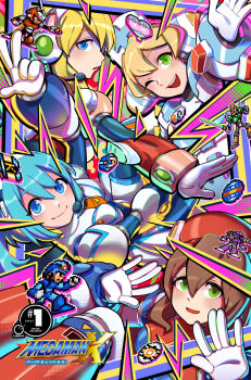 4girls alia_(mega_man) blonde_hair blue_eyes blue_hair brown_hair cinnamon_(mega_man) cover cover_page green_eyes group_picture hat highres iris_(mega_man) keenbiscuit long_hair mega_man_(series) mega_man_x:_command_mission mega_man_x_(series) mega_man_x_dive multiple_girls nurse nurse_cap one_eye_closed rico_(mega_man) second-party_source side_ponytail sigma_(mega_man) udon_entertainment x_(mega_man) zero_(mega_man)