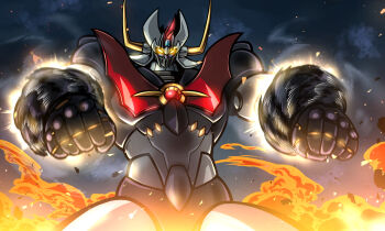 clenched_hands embers fire glowing glowing_eyes highres jazz_jack mazinger_(series) mazinkaiser mazinkaiser_(robot) mecha no_humans robot rocket_punch spinning super_robot