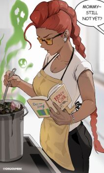 1girl absurdres bad_food black_pants book braid casual collarbone cooking crimson_viper dark-skinned_female dark_skin earrings green_eyes highres holding holding_book jewelry long_hair pants park_ongjol pompadour red_hair short_sleeves single_braid solo street_fighter street_fighter_6 street_fighter_iv_(series) sunglasses tinted_eyewear