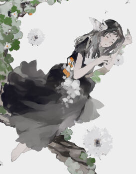 1girl barefoot black_dress black_hair branch closed_eyes closed_mouth dress flower full_body highres long_dress long_hair original short_sleeves solo sugarlisu white_background white_flower