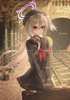 1girl absurdres armband bag beret black_choker black_gloves black_hat black_serafuku blue_archive blush choker commentary commission cosplay feathered_wings gloves grey_hair halo hat head_wings highres holding holding_bag justice_task_force_member_(blue_archive) justice_task_force_member_(blue_archive)_(cosplay) long_hair long_sleeves looking_at_viewer mole mole_under_eye neckerchief pleated_skirt red_armband red_eyes red_neckerchief school_uniform serafuku skirt smile solo straight_hair suzumi_(blue_archive) train_station_platform very_long_hair white_wings wings yuke_(sowon5612)