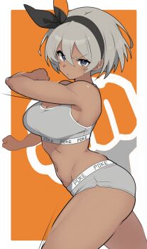 1girl arm_up bea_(pokemon) black_hairband blue_eyes bob_cut border bow_hairband bra breasts cleavage commentary_request cowboy_shot dark-skinned_female dark_skin from_side grey_bra grey_hair grey_panties hair_between_eyes hairband large_breasts legs looking_at_viewer mituyota_76 navel nintendo panties pokemon pokemon_swsh serious short_hair solo stomach thick_thighs thighs toned underwear v-shaped_eyebrows white_border