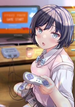 1girl black_hair blue_bow blue_bowtie bob_cut bow bowtie breasts coffee coffee_mug collared_shirt commentary_request controller cup diagonal-striped_bow dress_shirt fushimi_asuha game_console game_controller highres holding holding_controller holding_game_controller indoors medium_breasts miniskirt mug original pink_sweater_vest plaid_clothes plaid_skirt playing_games pleated_skirt school_uniform shirt skirt sleeves_rolled_up solo striped_bow super_famicom super_famicom_gamepad sweater_vest white_shirt