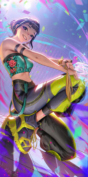 1girl arm_strap black_hair blunt_bangs bracelet breasts brown_eyes earrings gold_bracelet hair_bun highres jewelry kpop_demon_hunters liang_xing looking_at_viewer medium_breasts multiple_rings on_one_knee ring short_bangs short_hair sidelocks smile solo strapless teeth tube_top zoey_(kpop_demon_hunters)