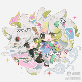 1boy 1girl :3 :d animal_ear_fluff animal_ears bai_xiong_nailaojuan bandaged_arm bandages bare_shoulders black_eyes black_shoes black_shorts blush_stickers chibi chibi_only dog_ears dog_girl dog_tail double-parted_bangs dress fang frilled_sleeves frills full_body green_eyes green_hair grey_hair hair_between_eyes heterochromia highres holding holding_smoking_pipe long_hair long_sleeves looking_at_viewer mihuashi_username multicolored_hair ofuda ofuda_on_head open_mouth original pink_dress pink_shoes sample_watermark shoes short_hair shorts sleeveless sleeveless_dress sleeves_past_fingers sleeves_past_wrists smile smoking_pipe socks tail two-tone_hair watermark white_socks wide_sleeves