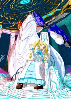 Rule 34 | 1boy, 1girl, absurdres, arm blade, arm cannon, blonde hair, breasts, cape, commentary, digimon, digimon (creature), digimon story: time stranger, dress, drill hair, from behind, full body, highres, long hair, mecha, omegamon, purple eyes, robot, setsu (knint ), sitting, smile, sword, throne, twin drills, twintails, untranslatable commentary, weapon, white cape, white dress, yggdrasill (digimon), yggdrasill (digimon) (human avatar)