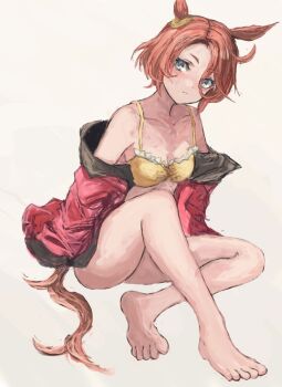 1girl animal_ears bare_shoulders bikini bikini_top_only blue_eyes blush breasts brown_hair closed_mouth collarbone hair_between_eyes horse_ears horse_girl horse_tail jacket long_sleeves looking_at_viewer narita_taishin_(umamusume) open_clothes open_jacket pink_jacket short_hair simple_background small_breasts solo swimsuit tail umamusume yanagi_wakana yellow_bikini