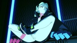 1girl animated anime_screenshot anus audible_speech body_markings bottomless cleft_of_venus colored_sclera cyberpunk_(series) cyberpunk_2077 cyberpunk:_edgerunners english_audio female_focus jacket no_panties nude_filter open_clothes open_jacket open_mouth pale_skin peppymcfalco_(editor) pussy rebecca_(cyberpunk) shoes solo sound spread_legs tagme third-party_edit video