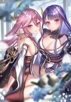 2girls animal_ear_piercing animal_ears artist_name back_bow bare_shoulders blunt_bangs blurry blush bow braid branch breasts bridal_gauntlets cleavage clothing_cutout commentary couple day depth_of_field detached_sleeves fox_ears fox_girl genshin_impact hair_between_eyes hair_ornament happy headpiece highres huge_breasts japanese_clothes kimono large_breasts light_smile long_hair long_sleeves mole mole_under_eye multiple_girls natsuki_yoru neck_ribbon off_shoulder outdoors parted_lips purple_kimono raiden_shogun red_ribbon red_sash ribbon sash shoulder_cutout sideboob smile symbol-only_commentary wide_sleeves yae_miko yuri