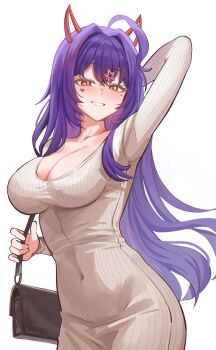 1girl absurdres akuma_nihmune arm_up bag blush boyal breasts cleavage covered_navel cowboy_shot demon_horns dress grin hair_between_eyes highres horns indie_virtual_youtuber large_breasts looking_at_viewer mole mole_under_eye pink_eyes purple_hair red_horns shoulder_bag smile solo tight_clothes tight_dress virtual_youtuber white_background white_dress