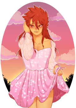 1boy bkkrhoes boku_no_hero_academia crossdressing crossdressing_(mtf) dress highres kirishima_eijirou long_hair looking_to_the_side male_focus pink_dress pull red_eyes red_hair smile solo trap