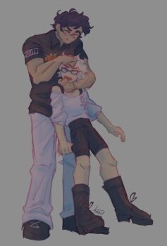 Rule 34 | 1boy, 1girl, bare shoulders, black boots, black hair, black shirt, black shoes, black shorts, boots, closed eyes, collared shirt, commentary, english commentary, full body, grey background, height difference, high-waist shorts, highres, kyokugen dasshutsu, long sleeves, mismatched eyebrows, noogie, open mouth, pants, pelmendraws, phi (kyokugen dasshutsu), shirt, shoelaces, shoes, short hair, short sleeves, shorts, sigma (kyokugen dasshutsu), signature, simple background, smile, standing, teeth, upper teeth only, very short hair, white hair, white pants, white shirt, zero escape: toki no dilemma