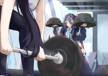 2girls absurdly_long_hair absurdres aqua_halo aris_(blue_archive) barbell black_hair black_pants blue_archive blue_eyes blue_necktie breasts carrying exercising gym hair_between_eyes halo highres large_breasts long_hair long_hair_between_eyes minibi_(minibeat) multiple_girls necktie pants ponytail rectangular_halo solo_focus sports_bra sumire_(blue_archive) sweat very_long_hair weightlifting weights white_sports_bra yoga_pants