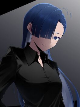 1girl ado_(utaite) ahoge black_shirt blue_eyes blue_hair breasts closed_mouth collared_shirt commentary_request dress_shirt hair_over_one_eye highres long_hair medium_breasts merry_(ado) nori_(norinori_yrl) readymade_(ado) shirt solo