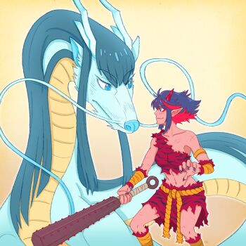 10s animalization black_hair blue_eyes club color_coordination dragon eastern_dragon fang herokick highres horns jewelry kill_la_kill kiryuuin_satsuki long_hair makeup matoi_ryuuko multicolored_hair mythical_connection mythological_creature oni oni_horns pointy_ears rope scar scratches short_hair spiked_club streaked_hair thick_eyebrows weapon whiskers