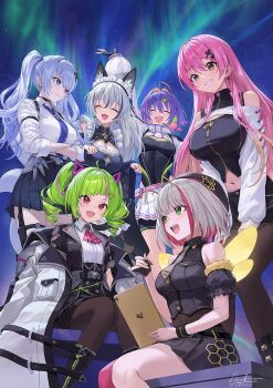 Rule 34 | 6+girls, ahoge, aizono manami, aizono manami (5th costume), animal ear fluff, animal ears, ankle boots, antennae, apron, ascot, asymmetrical legwear, aurora, belt, beret, bike shorts, bike shorts under skirt, black streaks, blazer, blue eyes, blue hair, blunt bangs, boots, bow, bowtie, breasts, butterfly wings, chest harness, china dress, chinese clothes, cleavage cutout, closed eyes, clothing cutout, coat, collared shirt, colored inner hair, commentary request, cropped jacket, cross-laced clothes, cross-laced sleeves, crossed arms, delutaya, detached sleeves, diagonal bangs, double-parted bangs, drawing tablet, dress, dress shirt, drill hair, fake animal ears, fingerless gloves, fox ears, fox girl, fur-trimmed sleeves, fur trim, furisode sleeves, glove cutout, gloves, green eyes, green hair, grey hair, grin, guchico, hair intakes, hair ornament, hair over shoulder, hairclip, half gloves, halter shirt, halterneck, hand up, harness, hat, heterochromia, high-waist skirt, high belt, high collar, holding, holding drawing tablet, holding stylus, honeycomb (pattern), inari iroha, indie virtual youtuber, insect wings, jacket, knees together feet apart, lapels, large breasts, leotard, leotard under clothes, light blush, lolita fashion, long hair, long sleeves, looking at another, looking at viewer, maid, maid apron, maid headdress, medium breasts, midriff peek, miniskirt, mitsuzaki aya (character), multicolored hair, multiple girls, navel, necktie, neo-porte, night, nijisanji, noripro, off shoulder, open clothes, open coat, overcoat, pantyhose, paw pose, pink hair, pleated skirt, puffy detached sleeves, puffy long sleeves, puffy sleeves, purple hair, qi lolita, qi maid, red eyes, red streaks, school uniform, shirt, shirt tucked in, short hair, short sleeves, shorts, shoulder cutout, shrug (clothing), signature, sitting, skirt, sky, sleeveless, sleeveless shirt, sleeves rolled up, smile, solari riko, standing, streaked hair, stylus, talking, teeth, tentei forte, tentei forte (2nd costume), thigh strap, twin drills, twintails, uneven legwear, upper teeth only, virtual youtuber, vspo!, vspo! en, wings, wristband, yellow eyes, zipper top