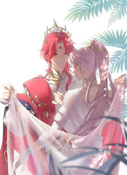 Rule 34 | 2boys, arabian clothes, back, bead necklace, beads, bracer, cape, chinese clothes, chinese commentary, closed mouth, cowboy shot, crown, curtained hair, dappled sunlight, earrings, expressionless, floating earrings, gem, gold choker, hair between eyes, hair ornament, hand on another's shoulder, hands up, head chain, high ponytail, highres, holding, holding unworn clothes, holding veil, hua yi shanxin zhiyue, jewelry, jia hua, long hair, long sleeves, looking at another, male focus, medium hair, multiple boys, multiple necklaces, necklace, palm leaf, parted bangs, pearl (gemstone), pink hair, ponytail, profile, red cape, red eyes, red gemstone, red hair, red sash, robe, sash, see-through clothes, see-through robe, see-through veil, short sleeves, side cape, single bare shoulder, smile, sunlight, the prince (hua yi shanxin zhiyue), uka (azraeluka), veil, white background, white robe, white veil, yaoi, yellow eyes